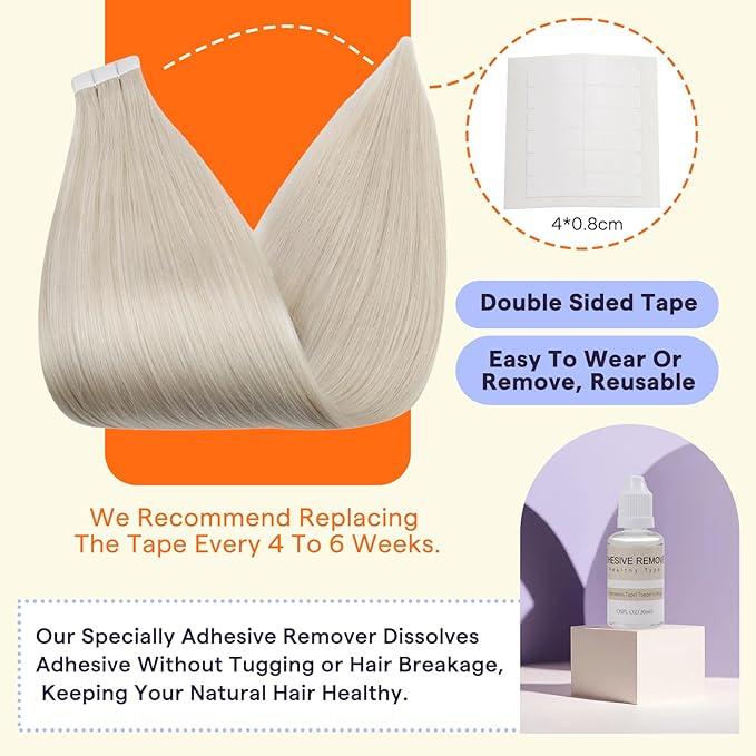 Full Shine Tape in Hair Extensions Human Hair Color 1000A Blonde 18 Inch Natural Invisible Double Sided Remy Hair Extensions Tape in 50 Grams Straight Seamless Skin Weft Extensions 20PCS for Women