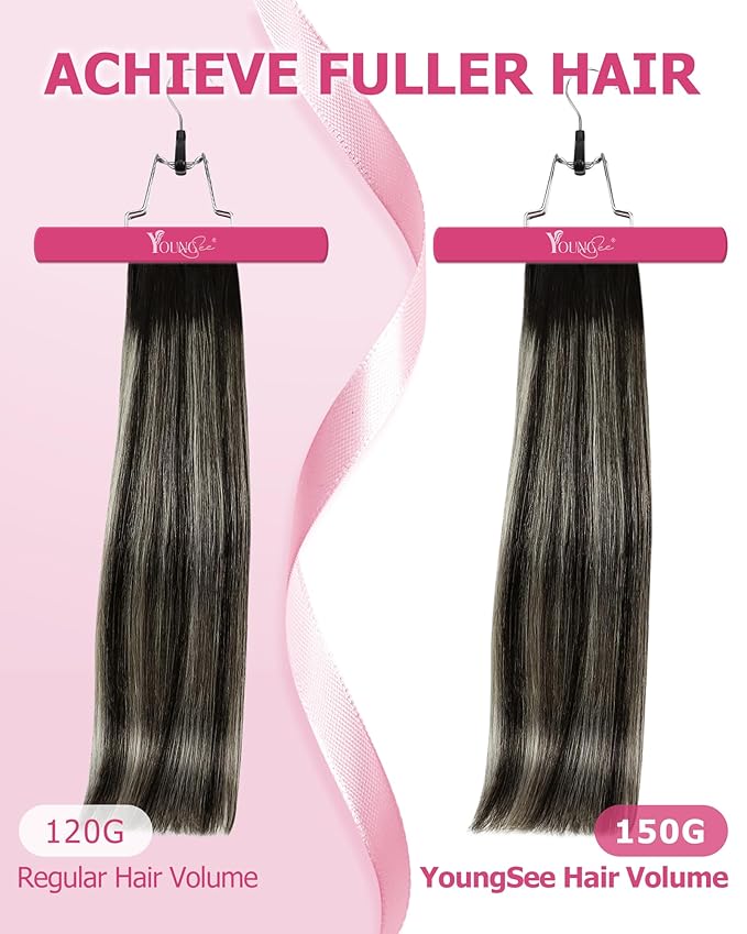 YoungSee Clip in Hair Extensions Black Ombre Hair Extensions Clip ins Balayage Black with Silver Clip in Hair Extension Human Hair Easy to Wear 16Inch 120G 7Pcs