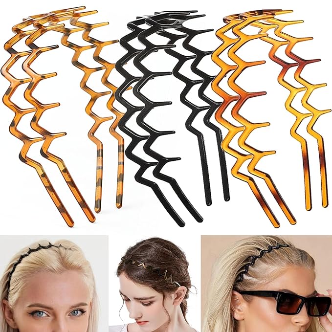 6 PCS Zig Zag Headbands Plastic Wavy Hair Head Band Comb with Teeth Hoop Accessories for Women Men Girls, Classic Black&Retro Leopard