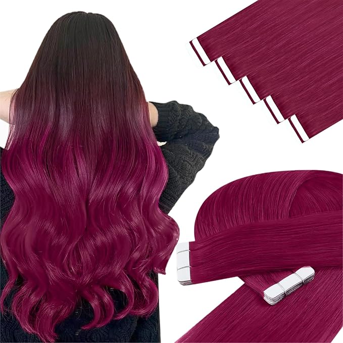 YoungSee Human Hair Tape in Extensions Magenta Tape in Hair Extensions Red 14 Inch Tape-Ins Human Hair Extension Real Human Hair Colorful 10pcs 25g For Diy Glam Look