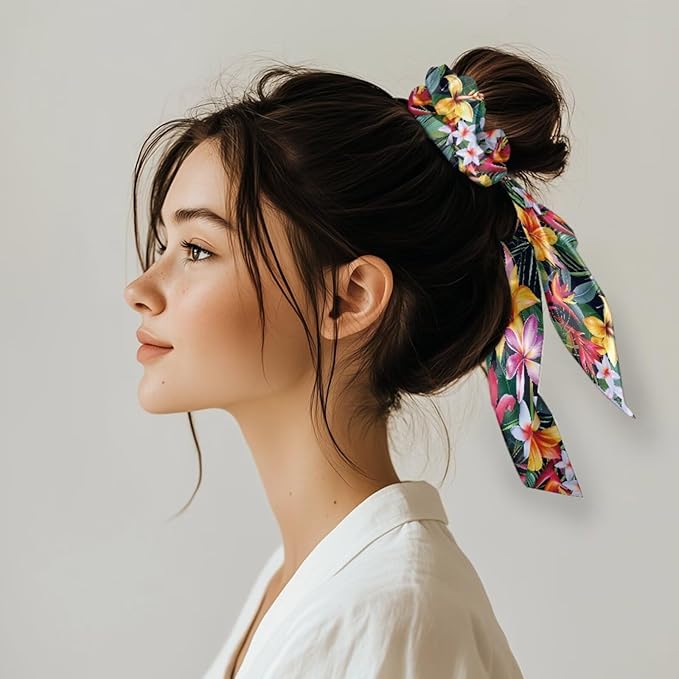 Colorful Tropical Floral Elastic Hair Band with Ribbon Womens Scarf Scrunchies Long Hair Ties Casual Knotted Bow No Damage Pack Of 2
