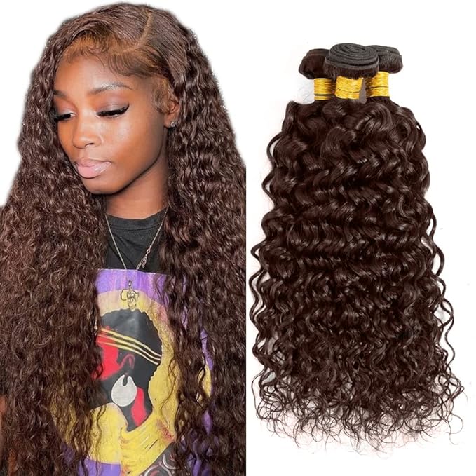Color 4 Water Wave Bundle Brown Human Hair Bundles 24 26 28 Inch Double Weft Virgin Remy Brown Bundle Color 4 Wet and Wavy Bundles