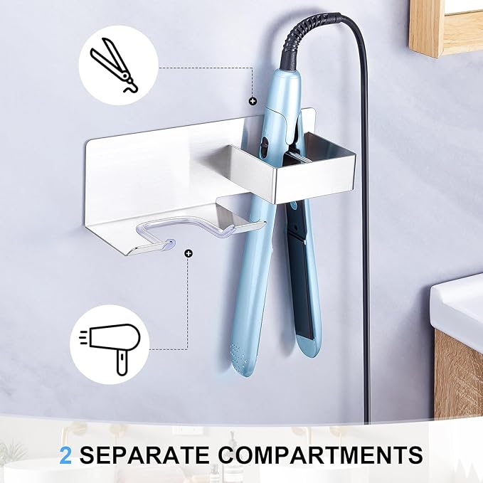 Hair Straightener Holder for Wall, Adhesive Straightener Holder, Blow Dryer Holder Wall Mounted, Stainless Steel Hair Dryer Holder Curling Iron Organizers Storage, Bathroom Hair Tools Holder