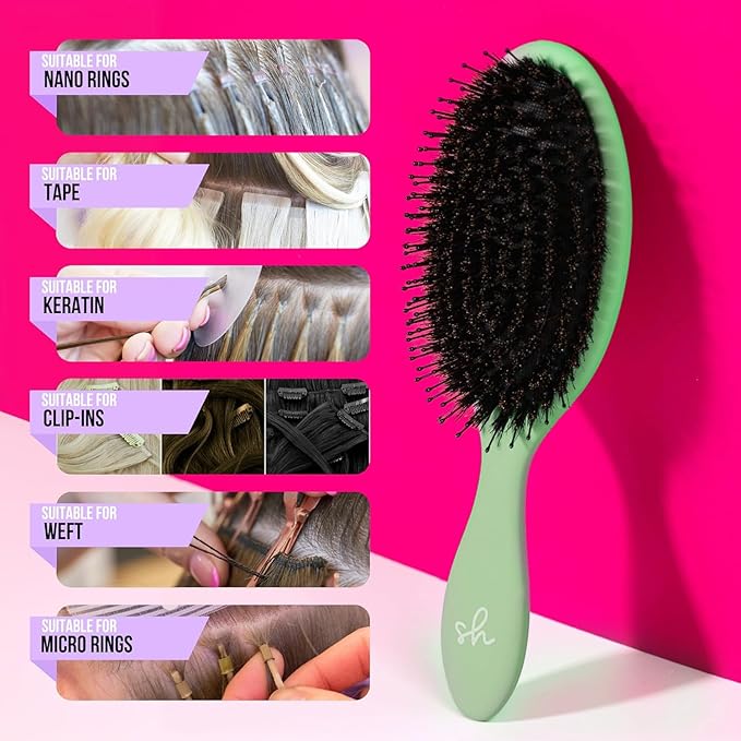 SimplyHair Ultimate Hair Extension Brush & Detangler Anti-Static, Dual Bristle Design, Soft Boar Bristle, Great for All Hair Types & Extensions - Green Ombre Brush Ideal for Adults & Kids