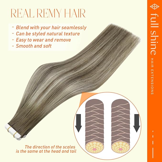 Full Shine Balayage Tape in Hair Extensions Human Hair 20 Inch Straight Hair Tape in Extensions Brown to Ice Blonde and Brown Tape in Natural Invisible Double Sided Tape 20 Pcs 50 Gram Add Length