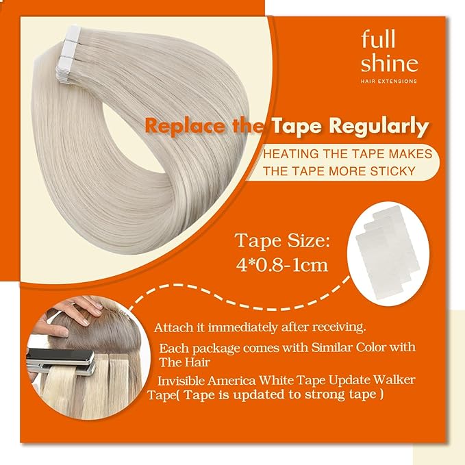Full Shine Tape in Hair Extensions Seamless Hair Extensions Tape in Color 1000 Blonde Glue on Straight Real Remy Human Extension 30Gram 10 Inch Blonde PU Tapes Extension for Women 20Pcs Add Volume