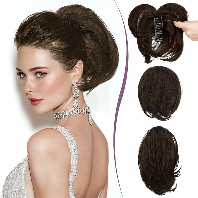 RUWISS Claw Clip Short Human Hair Ponytail Extension with Bendable Metals for DIY Styles Straight Messy Bun Hair Piece for Women Hairpieces for Daily Wear, 9 Inch Dark Brown with 15% Dark Cocoa Blonde