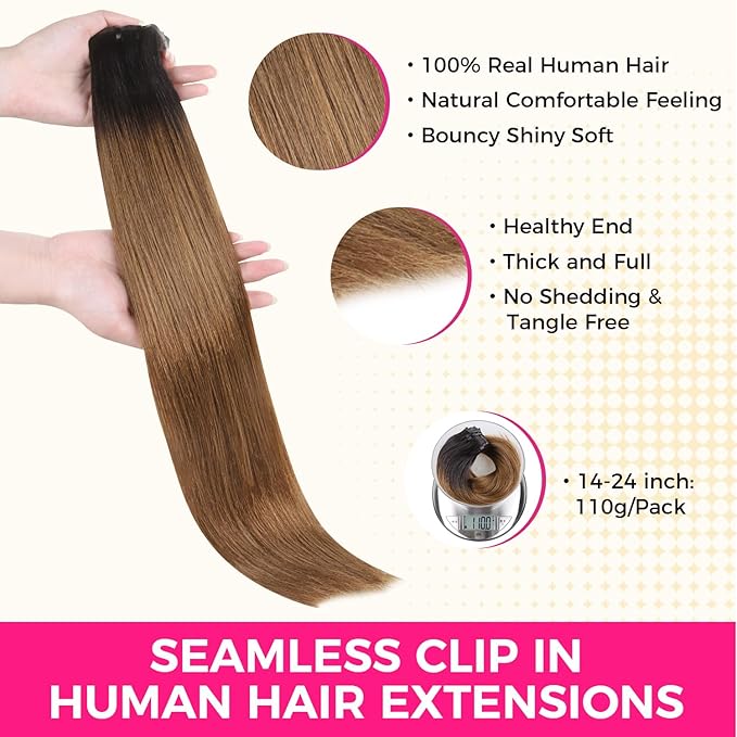 Lashey Seamless Clip in Hair Extensions Human Hair Ombre Natural Black to Medium Auburn Light Yaki Straight Clip in with PU Soft Invisi Edge 110g 7pcs 16 Inch Hair Extensions