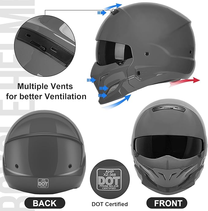 Full Face Motorcycle Helmet for Unisex-Adult Dirt Bike ATV Scooter Cruiser 3/4 Face Motocross Helmet Interchangeable Mouth Cover DOT Approved
