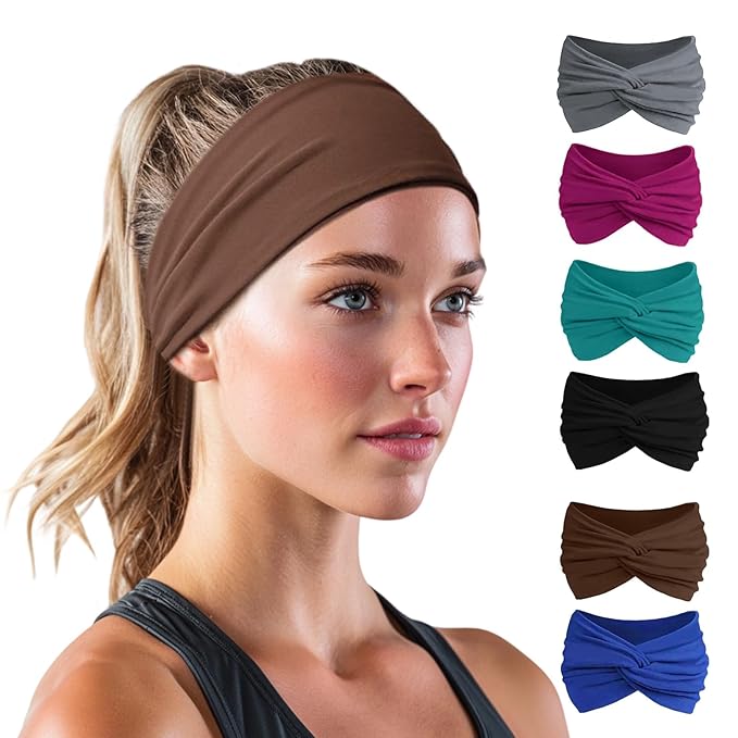 Eyesoul Headbands for Women, Non Silp Wide Hair Bands, Elastic Thick Head Bands, Stretchy Soft Sports Sweat Bands for Spa Workout Running Gym, Cotton Cloth Band 6Pcs