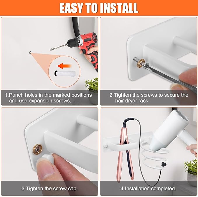 YUET Hair Dryer Holder Hairdryer Straightener Station Wall Mounted Metal Spiral Shelf Bracket Stand Hanger Organizer Blow Storage With Cable Tidy Rack For Dressing Table Bathroom Professional (White)