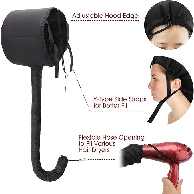 Bonnet Hooded Hair Dryer Attachment, Larger Adjustable Deep Conditioning Cap for Fast Hair Drying with Elastic Band for Fixing Free, Hair Curling Nursing Oil Treat-Ment SPA Steamer Cap