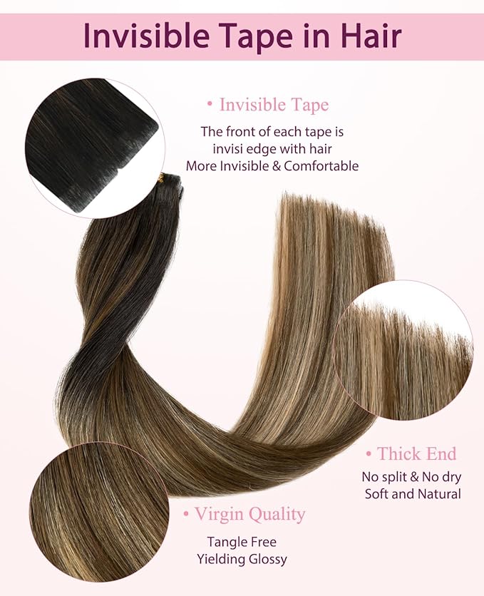 Pinkpearl Invisible Tape in Hair Extensions Human Hair, 20pcs 16inch 45g #1B/4/27 Balayage Natural Black to Chocolate Brown and Caramel Blonde Injection Tape in Extensions Remy Human Hair Injected