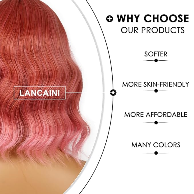Short Bob Wigs with Bangs for Women Loose Wavy Wig Curly Wavy Shoulder Length Bob Synthetic Cosplay Wig for Girl Colorful Costume Wigs (Dark Pastel Pink)