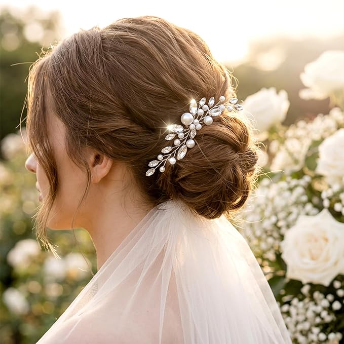 Wedding Pearl Hair Pin 12 x 8 cm Silver Leaf Bridal Hair Clips Accessories with Rhinestones and Flowers for Women