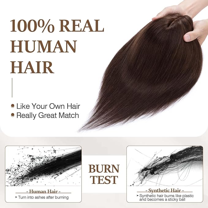 Rich Choices Hair Toppers for Women Real Human Hair 100% Human Remy Toppers NO Bangs for Women with Thinning on Top Clip in Hairpiece 4"x4.7"Lace Base 14 Inch #2 Dark Brown