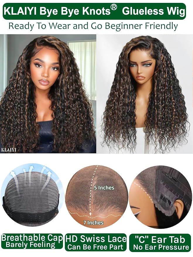 KLAIYI Golden Brown Water Wave Bye Bye Knots Glueless Wig Human Hair Highlight 7x5 Precut Lace Front Pre Plucked Bleached Ombre 3S Ready to Wear Go Beginners Wig with Dark Roots Deep Curly Wave 26Inch