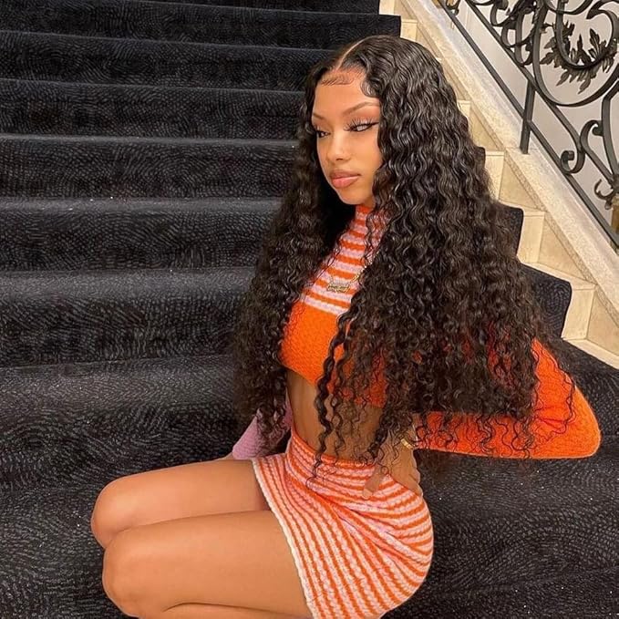 Water Wave Lace Front Wigs Human Hair Brazilian 180% Density Virgin Hair 4X4 Deep Curly Lace Closure Wigs for Black Women Pre Plucked with Baby Hair Natural Color (30 Inch,Water Lace Closure Wigs)