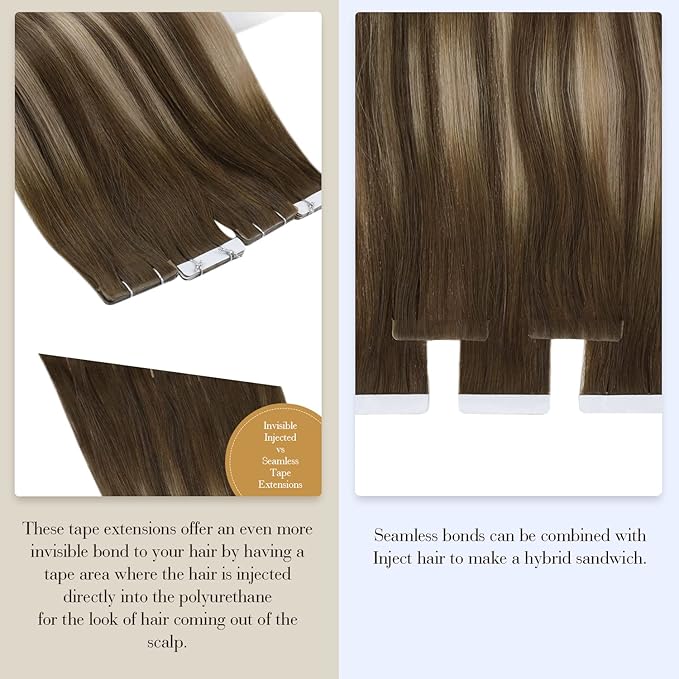 Full Shine Virgin Injection Tape in Hair Extensions Real Human Hair Color 4/27/4 Balayage Tape in Extensions 16 Inch Machine Remy Seamless Human 5Pcs 10Gram Invisible Injected