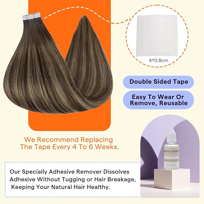 Full Shine Tape in Hair Extensions 24 Inch Color 4 Brown Fading to 24 Honey Blonde and 4 Brown Invisible Double Sided Remy Hair Extensions Tape in 100g Straight Seamless Skin Weft 40PCS Add Length