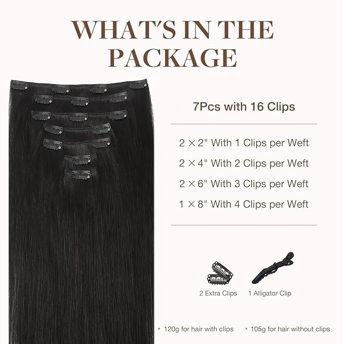GOO GOO Clip in Hair Extensions Real Human Hair, Remy Human Hair Extensions Clip ins for Women, Natural Human Hair, 24inch 120g 7Pcs, 1B Natural black