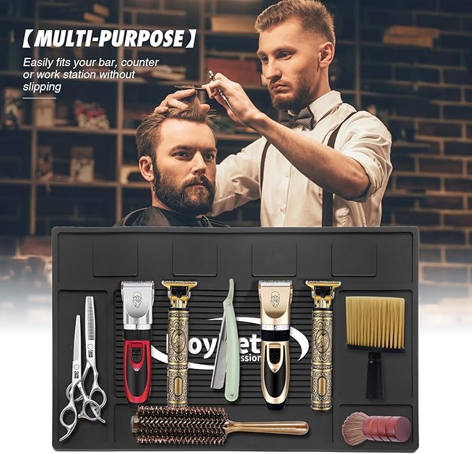 MoyRetty Magnetic Barber Organizer Mat for Clippers(17.7'' x 11.8''), Professional Anti-Slip Heat-Resistant Silicone Pad for Hair Stylist Supplies- 4 Magnets