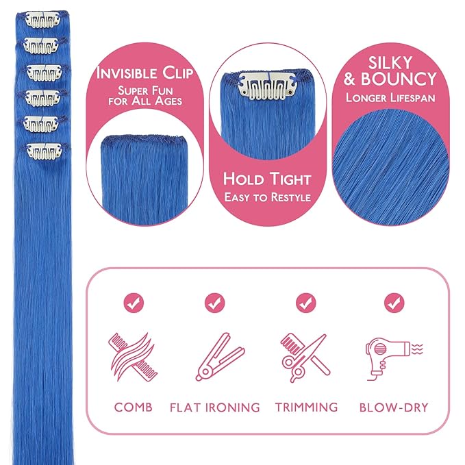 WENNALIFE Blue Clip in Hair Extensions Real Human Hair 35g 6pcs 24 Inch Colored Hair Extensions for Kids Women Colorful Hair Pieces Pop-up Style Straight Extensiones De Cabello Humano Con Clip