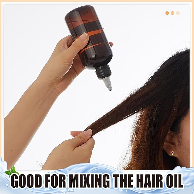 Barydat 12 Pcs Applicator Bottles for Hair, Squeeze Hair Oil Applicator Bottle Refillable Empty Plastic Bottles, Twist Cap with Open Close Nozzle and 2 Funnels (8 oz,Brown)