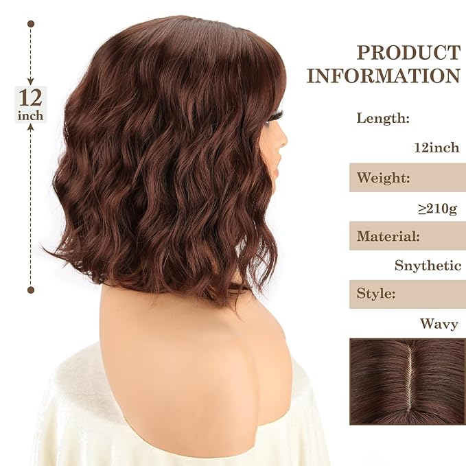 MISSQUEEN Brown Wavy Wigs With Bangs Curly Short Bob Wigs for Women for Heat Resistant Fiber Synthetic Colorful Wig for Daily Party Cosplay Chrismas Halloween Used