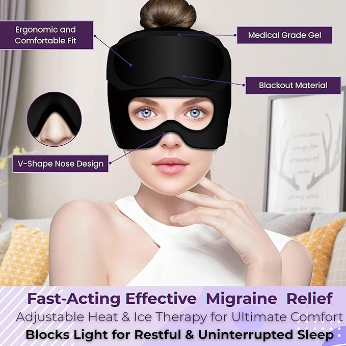 2-in-1 Migraine Relief Cap with Detachable Eye Mask – Hot & Cold Therapy Headache Hat for Migraines, Sinus Pressure, Tension & Stress Relief – Reusable Gel Ice Pack, Light Blocking, Comfortable Fit