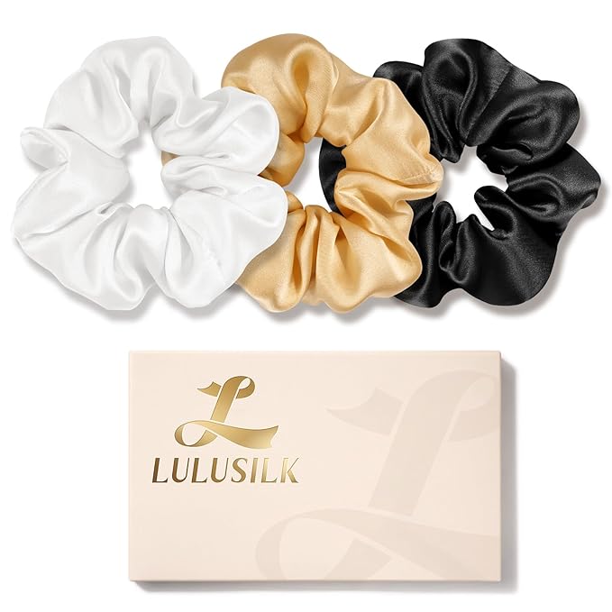 LULUSILK Silk Scrunchies for Hair Sleep, 100% Real Mulberry Silk, No Damage Hair Ties for Women and Girls, Black White and Gold, Pack of 3