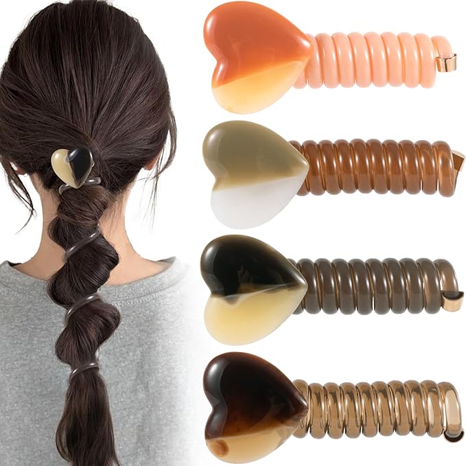 4PCS Heart Spiral Hair Ties, 4 Colors Heart Phone Cord Ponytail Holders for Women, Elegant Rubber Hair Coils, Stylish Hair Accessories for Party, Daily Use
