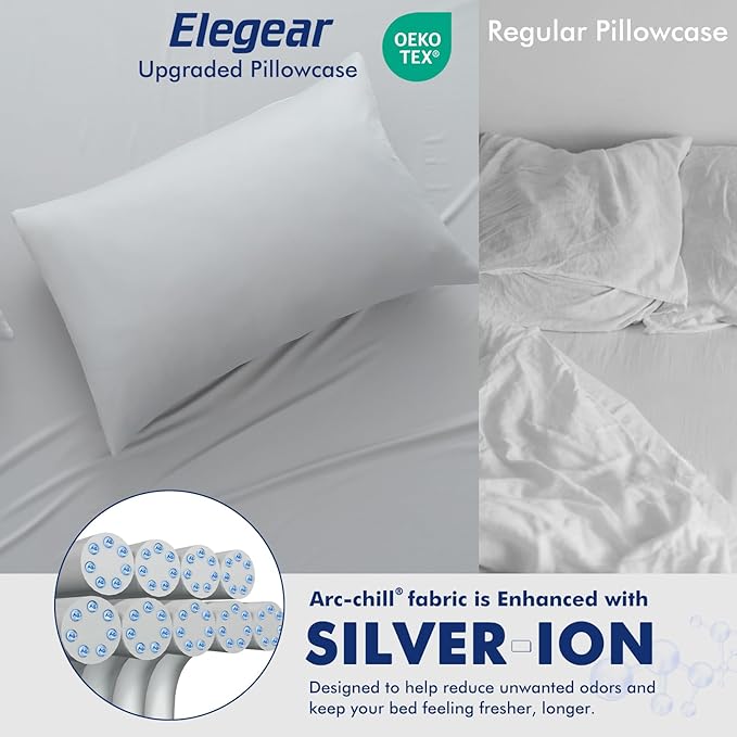 Elegear Cooling Pillow Cases for Hot Sleepers, Clean Fabric Silver Infused Cooling Pillowcase Q-Max>0.5, Soft Pillow Cases for Hair & Skin, Zipper Pillow Cases Set of 2 Gray (Standard, 20'' x 26'')