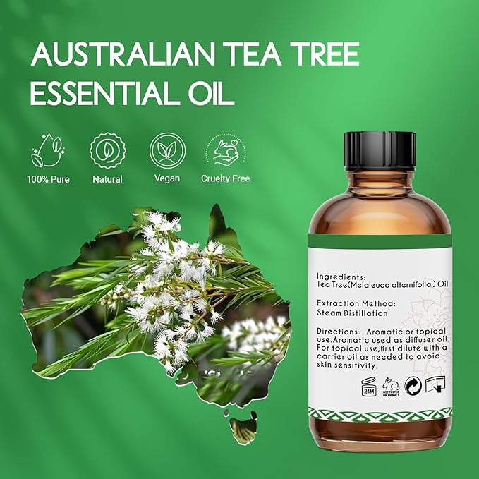 Tea Tree Oil for Skin, Hair, Nails, Shampoo, Body Wash, Foot Soak, Spray - 4 Oz Tea Tree Essential Oil with Roll On Bottle