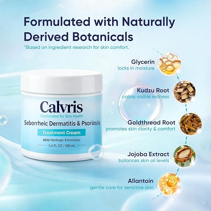 Calvris Scalp & Beard Comfort Cream – Steroid-Free Botanical Formula with Kudzu Root, Goldthread & Jojoba Extract for Dry, Flaky or Sensitive Skin, Cooling Non-Greasy Texture, 3.4 fl oz (1)