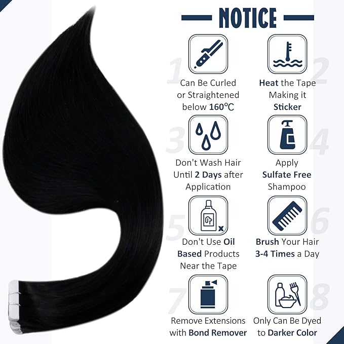 Full Shine Invisible Tape in Hair Extensions Human Hair 18Inch Soft Remy Tape in Hair Extensions Color Jet Black Tape Ins Human Hair Extensions 20Pcs 50Grams Long Straight for Women
