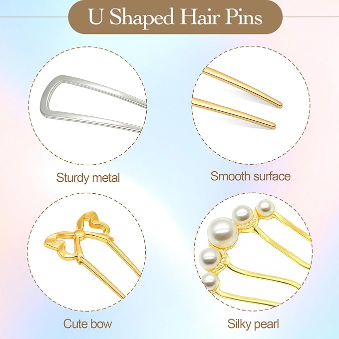 10 PCS French Hair Pins for Women, Lightweight French Twist Hair Pins U-Shaped Pearl French Pins, Bun and Updo Hair Styling Pins Metal Hair Fork Hair Accessories