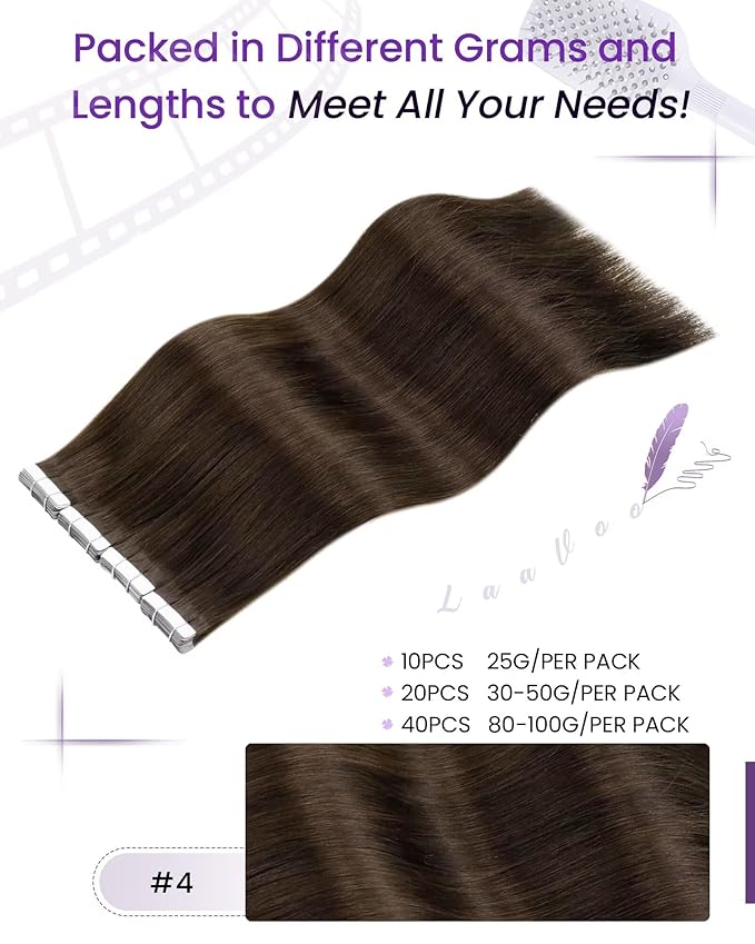 LaaVoo Tape in Hair Extensions Human Hair Brown Hair Extensions Tape in Real Human Hair Invisible Tape ins Extensions Silky Straight Hair 16inch 20pcs 40 Grams