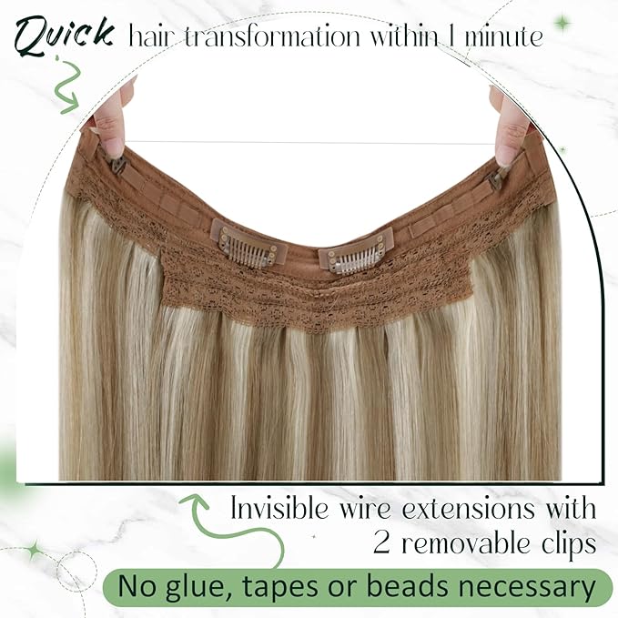 RUNATURE Invisible Wire Hair Extensions Real Human Hair, One Piece Fish Line Hair Extensions, Full Head Remy Hair for Women, Natural Looking, Brown Highlight Blonde 16 Inch 80g #8P24
