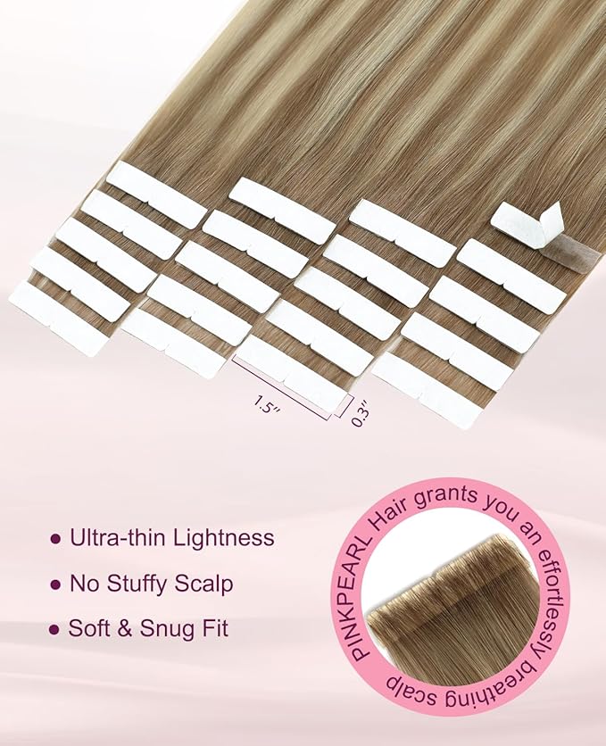 Pinkpearl Invisible Tape in Hair Extensions Human Hair, 20pcs 22inch 60g #8T60 Balayage Ash Brown to Platinum Blonde Injection Tape in Extensions Real Remy Seamless Human Hair Injected