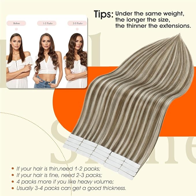 Full Shine Tape in Hair Extensions Glue on Remy Human Hair Extensions 16 Inch Seamless Tape in Extensions Color 8 Ash Brown Highlighted 60 White Blonde Fashion Invisible Real Human Hair 50Grams 20Pcs