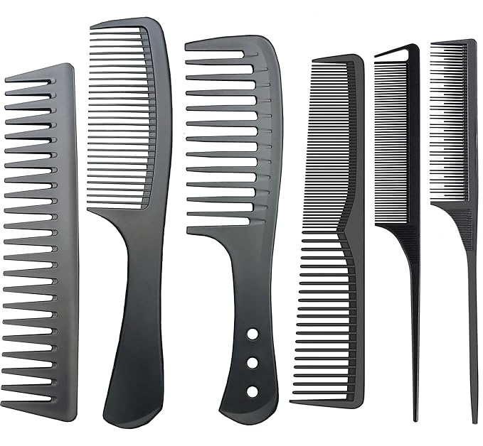 Professional Comb Set Black 6 Piece - Carbon Fiber Anti Static And Heat Resistant Comb-Fine and Wide Tooth Comb for Men and Women - Parting Teasing and Hair Styling