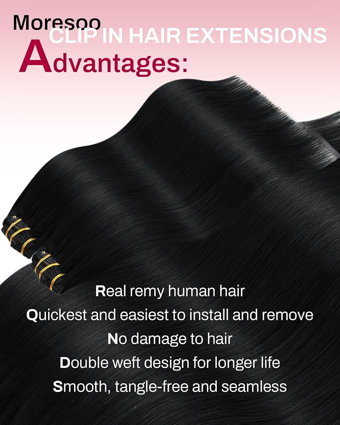 Moresoo Clip in Hair Extensions for Black Women Remy Double Weft Human Hair Clip in Extensions Jet Black #1 7Pieces 120G 24inch
