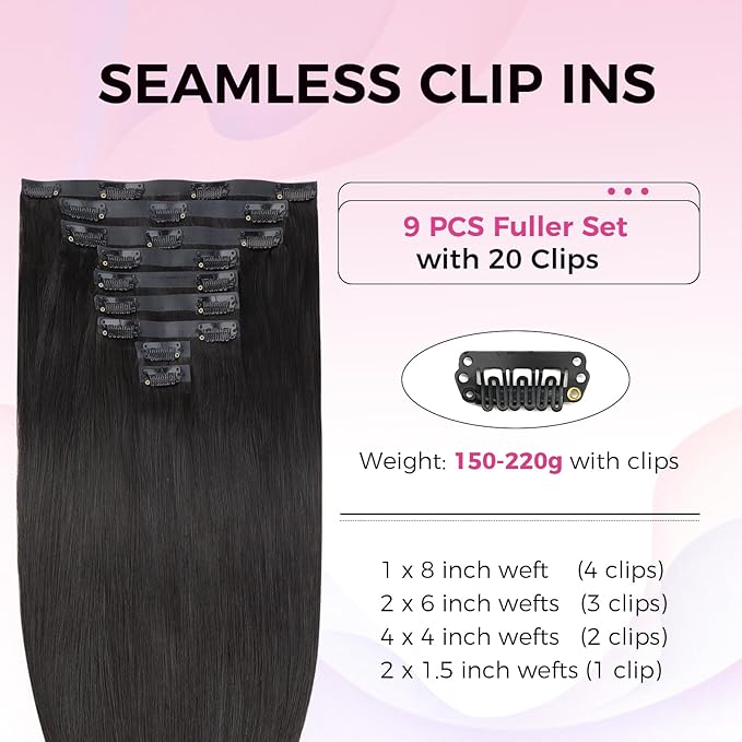 Lashey Seamless Clip in Hair Extensions Human Hair Extensions, 170g 9pcs Straight Natural Black Fuller Real Human Hair Clip in Extensions 18 Inch