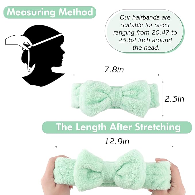 Zkptops 6Pcs Spa Headband for Washing Face Wristbands Set Women Bubble Skincare Makeup Sponge Terry Cloth Padded Puffy Headband Bow Tie Hairband Cute Non Slip Thick Hair Accessory Gifts (Light Green)
