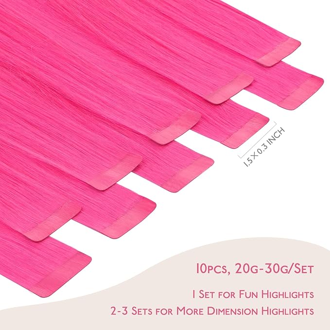 WENNALIFE Tape in Hair Extensions Human Hair Hot Pink Tape in Extensions, 10pcs 30g 20 inch Remy Invisible Tape Ins Straight Colored Soft Real Human Hair Tape in Extensions Refill Set Extensions