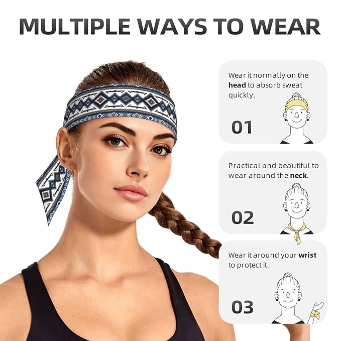 Men's Women Fashion Sports Sweatband Hand Decor for Running Fitness Spa, Long Multifunction Colorful Surf Blue Tribal Navajo Aztec Geometric Ethnic Pattern Head Ribbon Headwear