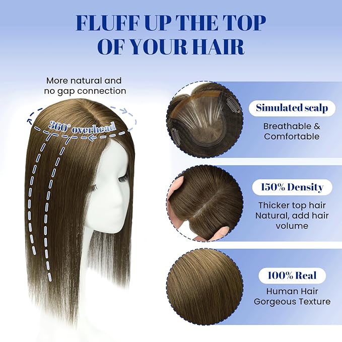 WORLDSTAR Hair Topper for Women Real Human Hair With Swiss Base Hairpieces Hand-stitched, No Bangs,55g,6 * 7 Inch Base,12 Inch #4 Medium Brown with Top Extension for Thinning Hair (tp#4-12)