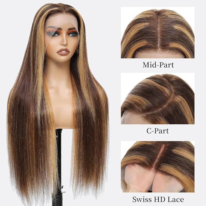 13x6 Lace Front Wigs Human Hair Highlight Ombre HD Lace Frontal Wig Pre Plucked Tangle-Free 200 Density Brown 4/27 Colored Real Virgin Human hair Wig Can Last 6-9 Months 28 Inch