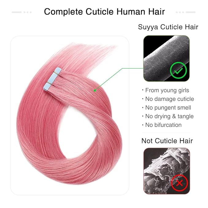 SUYYA Tape-in Hair Extensions - Human Hair Hot Pink 14 Inch Straight Tape Extensions 10PCS/Pack 20g